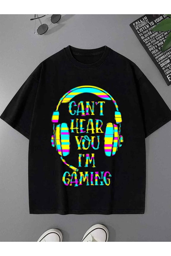 Gaming Headphones Tee games cotton tshirts t shirts mens 180G 100% Cotton black Daytime and weekend wear Regular fit, everyday comfort, relaxed and urban style Hip-hop streetwear funny game Christma