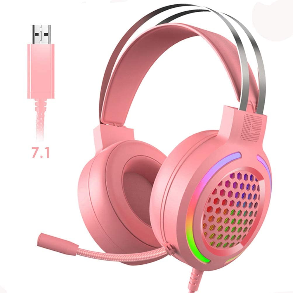 Pink Surrounds Gaming Headset&7.1 Bass Surround Sound,Noise Canceling Mic,Memory ...