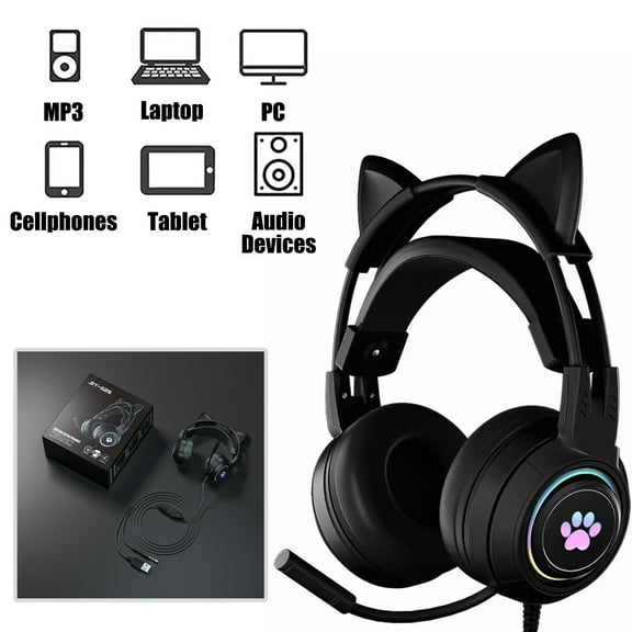 HQinX Gaming Headset with Cat Ears, 3.5mm Headphones with Surround Sound, RGB Backlight & Microphone,for PS4, Xbox, PC, Mobile Phone,Black