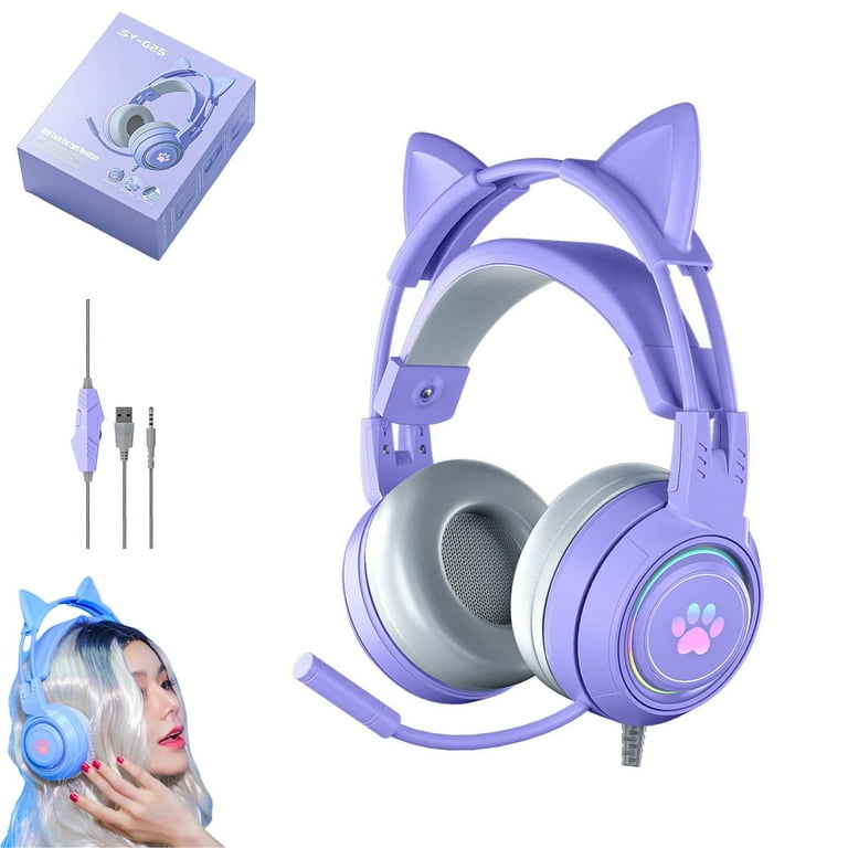 Wired Gaming Headset NHBETYS Cat Ear Gaming Headsets With Mic RGB