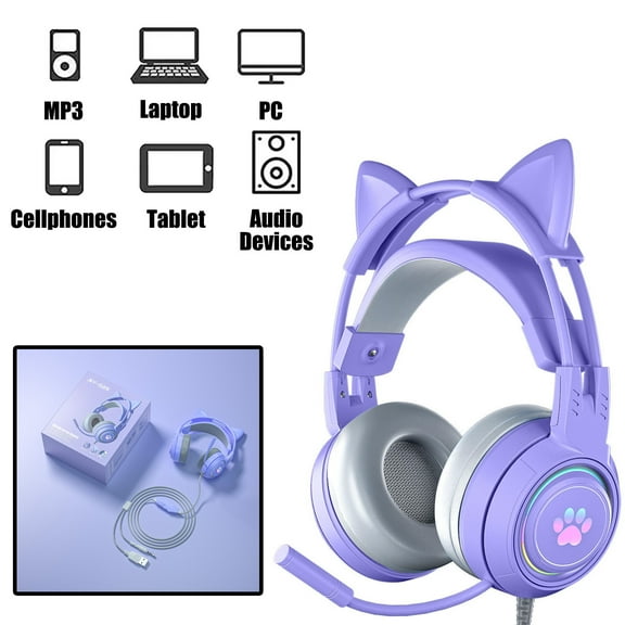 HQinX Gaming Headset with Cat Ears, 3.5mm Headphones with Surround Sound, RGB Backlight & Microphone,for PS4, Xbox, PC, Mobile Phone,Purple