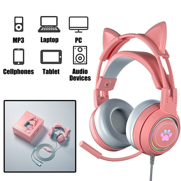 HQinX Gaming Headset with Cat Ears, 3.5mm Headphones with Surround Sound, RGB Backlight & Microphone,for PS4, Xbox, PC, Mobile Phone,Pink