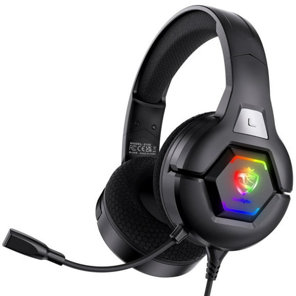 Gaming Headset, Computer Headphones with Noise Canceling Mic & RGB Light, Over Ear Wired Heaphones for Smartphone, Laptop, Desktop PC, Gaming Console, Black