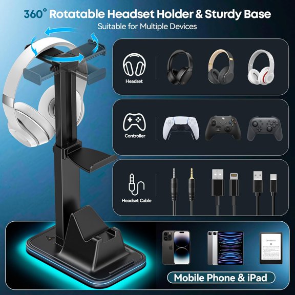 Gaming Headset & Controller Stand, Rotating Headphone Storage with 2 Controllers & Phone Holder, 9 RGB Modes Game Desk Storage for PS5/PS4/XBOX PC Gamer Essentials Organizer Gift Accessories