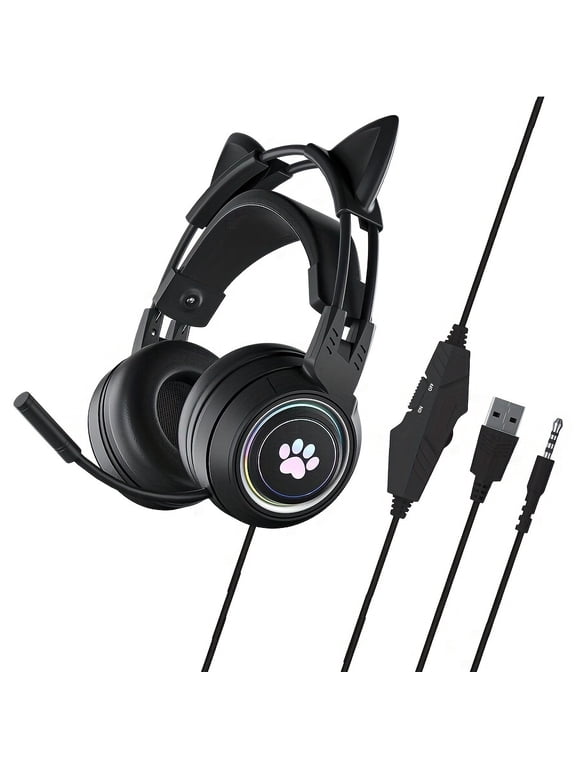 [Gaming Headset] G25 Cute Cat Ear Gaming Headset With RGB Lighting, 50mm Sound Unit, Lightweight Suspension Headband, 3.5mm Jack, USB-Powered, Pink & Design For PC Gaming & Streaming, Gaming Headset