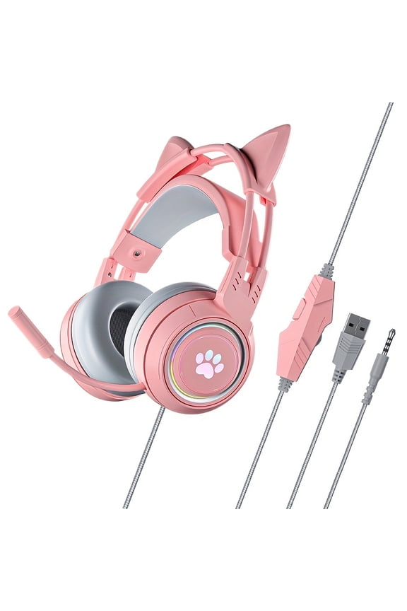 [Gaming Headset] G25 Cute Cat Ear Gaming Headset With RGB Lighting, 50mm Sound Unit, Lightweight Suspension Headband, 3.5mm Jack, USB-Powered, Pink & Design For PC Gaming & Streaming, Gaming Headset