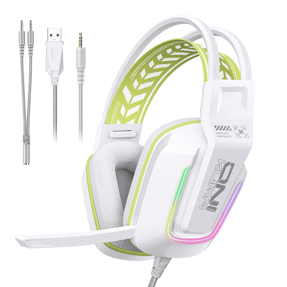 Siivton Wired Gaming Headset with Mic for Xbox, PS4, PS5, PC, Mobile,3.5mm Over-Ear Headphones with Noise-Canceling Microphone, 7.1 Surround Sound Headphone with LED Light, White