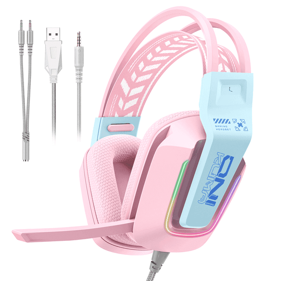 Gaming Headset with Mic for PC PS4 PS5 Xbox One Switch,Gamer Headphones Video Game Computer Gaming Headsets with Noise Cancelling Microphone Gaming Head Set Laptop Accessories,Pink