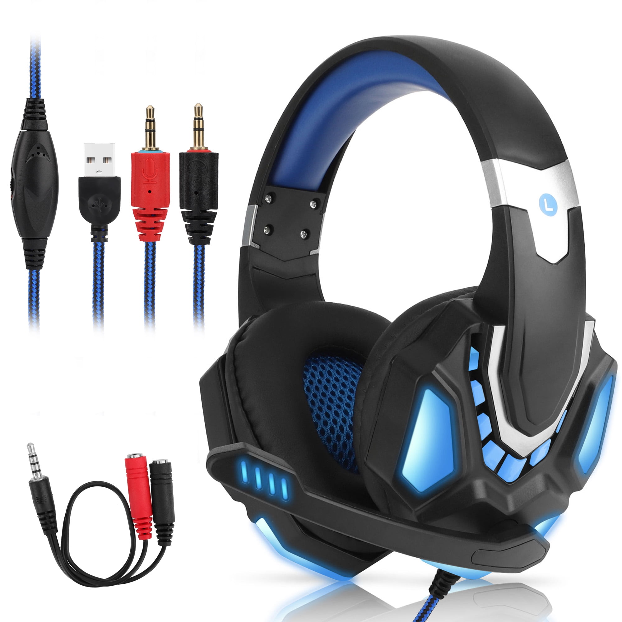 Gaming Headset Canceling for Soft Noise Bass Xbox Tablet Smartphone, Over Earmuffs Mic LED Nintendo with Memory Stereo PC One Ear Headphones Light 3.5mm Microphone PS5 7 PS4 Switch