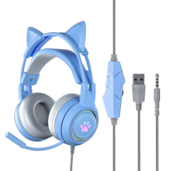 Gaming Headset with Microphone, Compatible with PC, Computer, Laptop, Over-Ear Headphones with LED RGB Light, Noise Canceling Mic, 7.1 Stereo Surround Sound, Blue