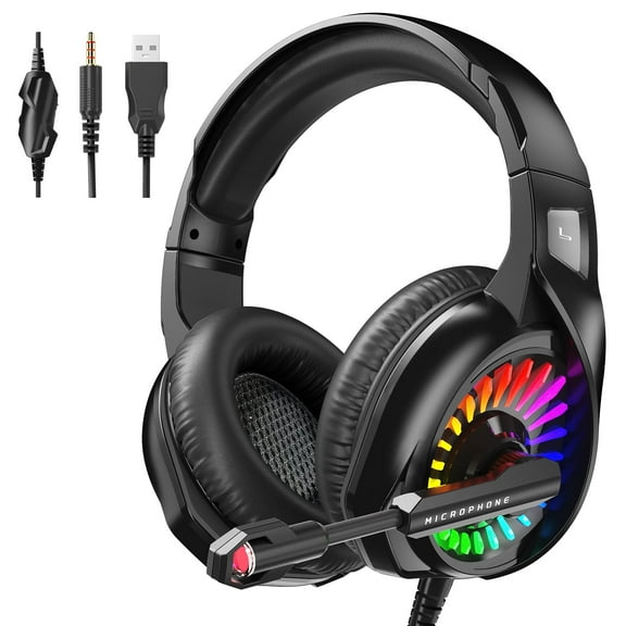 Cshidworld Gaming Headset with Microphone, Over Ear Gaming Headphones for PC, Xbox One, Noise Cancelling Headphones with 7.1 Stereo Surround Sound, Soft Memory Earmuffs & LED RGB Light