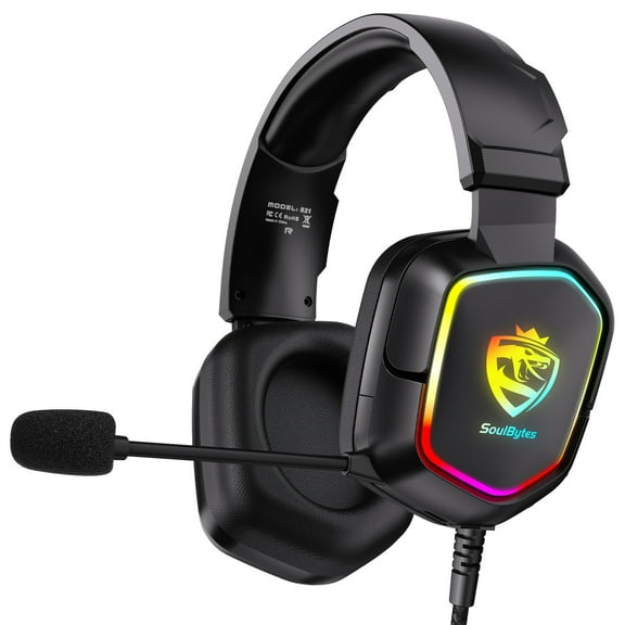 Gaming Headset with Microphone, Over Ear Headphones with Directional Noise Cancelling Mic and Dynamic RGB Lighting, 3.5mm Audio Jack, for PC, Smartphone, Gaming Console, Extra-Large Earcups