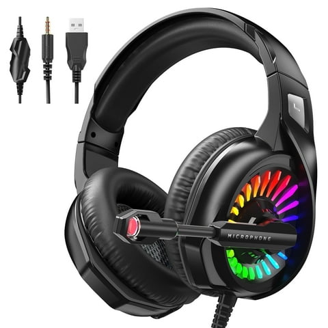 Cshidworld Gaming Headset with Microphone, Noise Cancelling Gaming Headphones Compatible with PS4 PS5 Xbox One PC Laptop, Over-Ear Headset with LED RGB Light, 7.1 Stereo Surround Sound