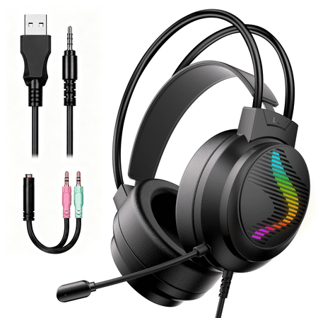 Gaming Headset with Microphone for PS4/PS5/Xbox/Switch/PC, Over-Ear Headphones, 50mm Drivers, Surround Sound, Noise-Cancelling Mic, 240g Lightweight Design, Tri-Color RGB Lighting, Wired Headset