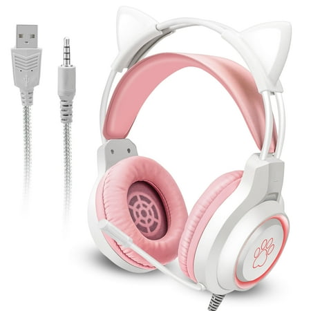 EEEkit Cat Ear Gaming Headset Fit for PS5/PS4/Xbox/Nintendo Switch/PC, Wired Over-Ear Headphones with Noise Canceling Mic for Girls