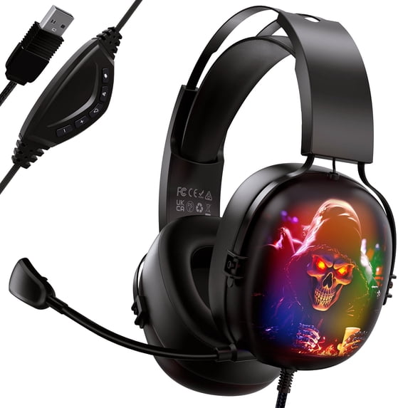 Gaming Headset for PS5, PS4, PC,USB Wired,FFN over Ear Headphones with Noise-Cancelling Microphone, 7.1 Surround Sound, 10 RGB Lights,50mm Speakers, Black