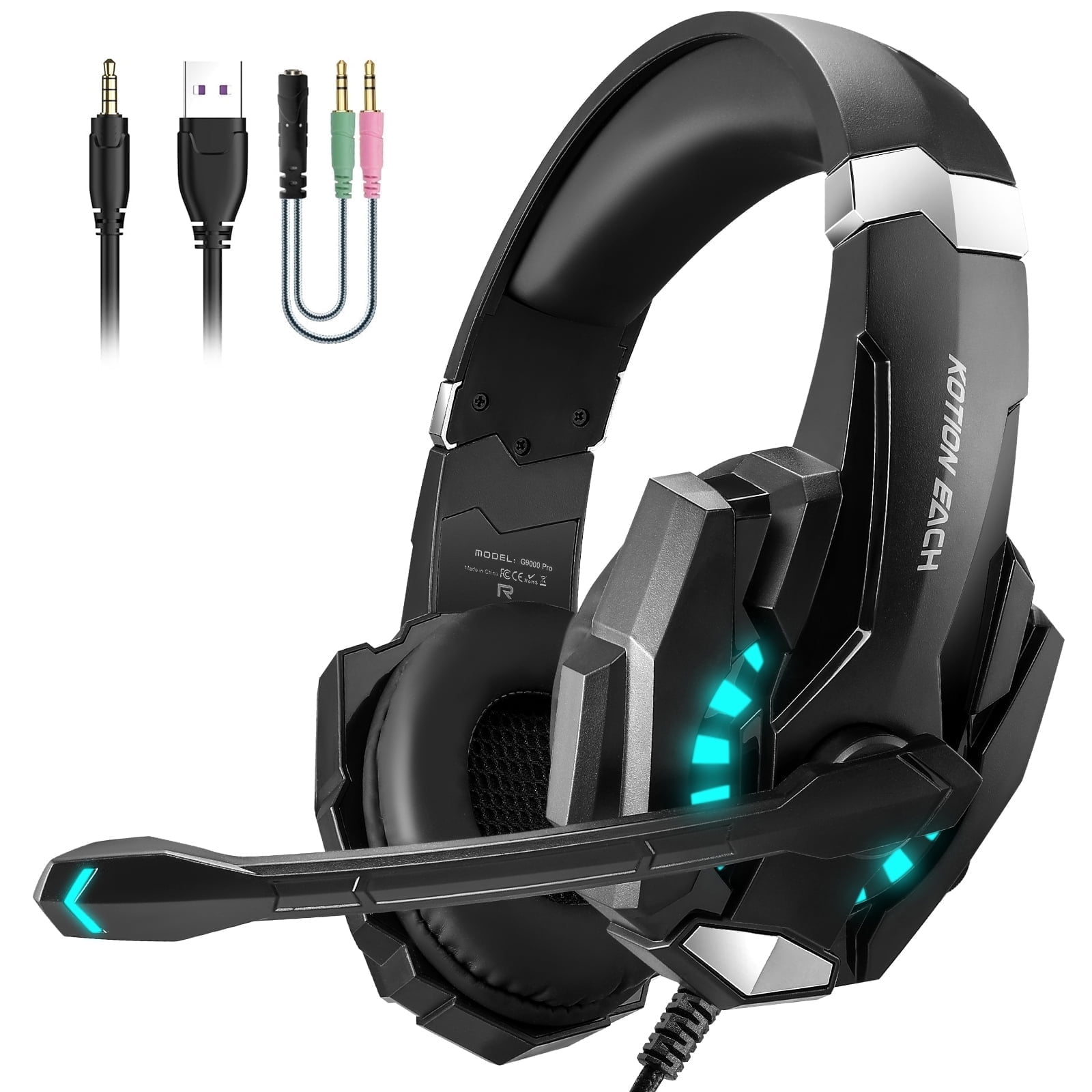 Gaming Headset Wired for PS5/PS4/PC/Switch Controller,Stereo Noise Cancelling Over Ear Headphones with Mic LED Light Bass Surround,Black