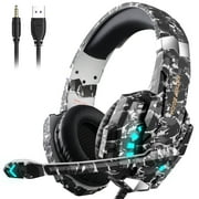 Gaming Headset Wired for PS5/PS4/PC/Switch Controller,Stereo Noise Cancelling Over Ear Headphones with Mic LED Light Bass Surround,CamoGray