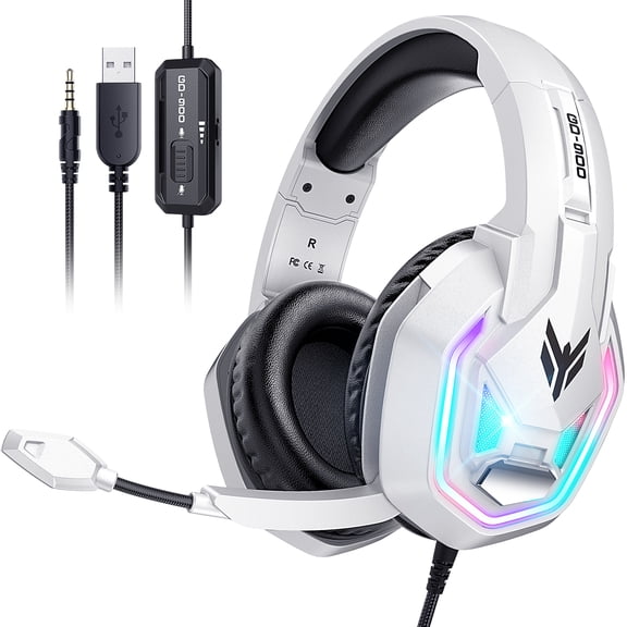 Gaming Headset for PS5, PS4, Xbox Series X|S, Xbox One, PC, Switch, Mac - RGB Over-Ear Headphones with 7.1 Surround Sound, Noise Cancelling Mic, 50mm Drivers & Memory Earmuffs for Nintendo 64