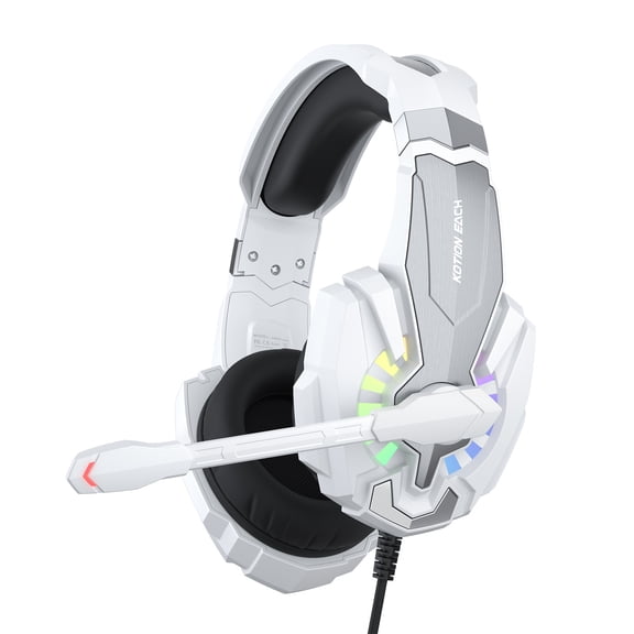 Gaming Headset for PC PS4 PS5, Wired Over-Ear Headphone with Noise Canceling Microphone, RGB LED Light, Bass Surround Sound, White