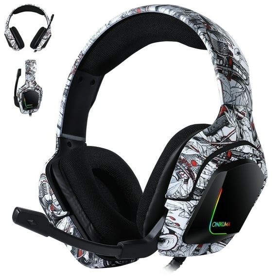 Gaming Headset for PS4 PC Xbox One PS5 Controller, Noise Cancelling Over Ear Headphones with Mic, LED Light, Bass Surround, Soft Memory Earmuffs