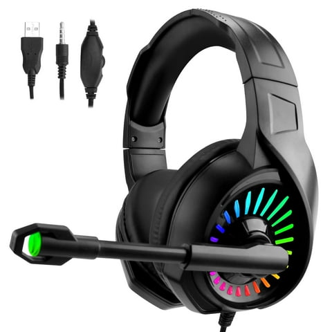 Rirool Gaming Headset with 7.1 Surround Sound, Wired Over-Ear Headphones for PS4 Xbox One PC, Noise Cancelling Mic, RGB LED Lights, 50mm Drivers