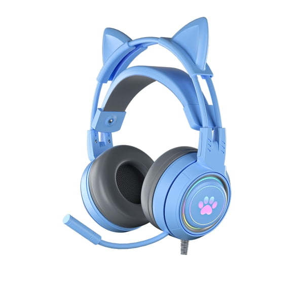 Gaming Headset with Cat Ear Design and 3.5mm Plug Detachable Mic RGB Light Comfortable for Long Gaming Sessions - Blue