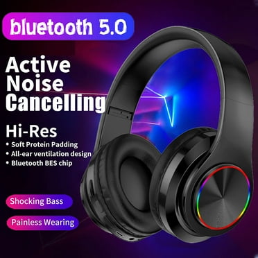Gaming Headset with Noise Canceling Mic Deep Bass Wireless Bluetooth Headphones Over Ear with LED Light for PC, Mobile