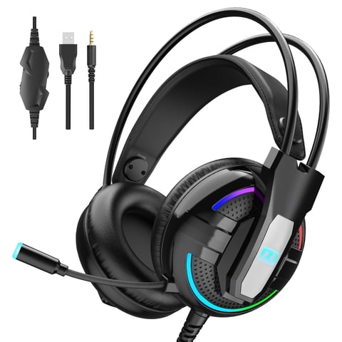 Gaming Headset with Noise Canceling Mic,Surround Stereo Sound over-Ear Headphones,Soft Memory Foam Earcups & LED Light for PS4/PS5/Xbox/PC/Mac