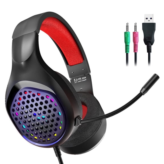 Gaming Headset with Noise Cancelling Microphone LED Light for Computer Corded Over Ear