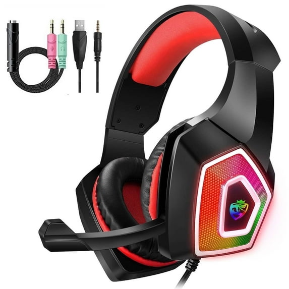 UHM Gaming Headset Wired for PS5 Xbox PC PS4 Switch/Over Ear Gaming Headphones With Surround Sound Mic,LED Light,Soft Memory Earmuffs,3.5MM for Xbox Red