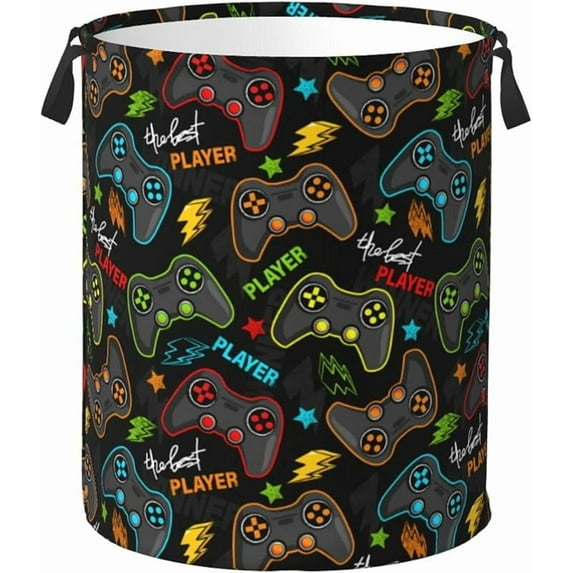 Gaming Joysticks Laundry Hamper Bag With Waterproof Liner - Video Game Controller Round Laundry Basket Foldable Clothes Storage Organizer For Bathroom Bedroom Nursery Dorm