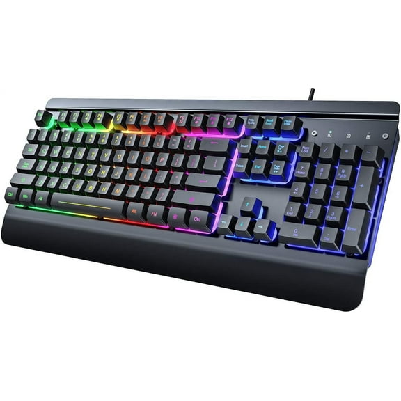 Gaming Keyboard, 104 Keys All-Metal Panel, Rainbow LED Backlit Silent Computer Keyboard, Wrist Rest, Multimedia Keys, Anti-Ghosting, Waterproof Light Up Wired Keyboard for PC Mac Gamer