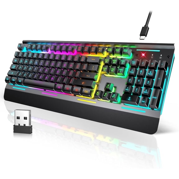 Gaming Keyboard, 2-in-1 (2.4G & Wired) Rechargeable Keyboard, 4000mAh , 15-Zone RGB Keyboard, Metal Panel, PC Gaming Keyboards ( Quiet Gaming )