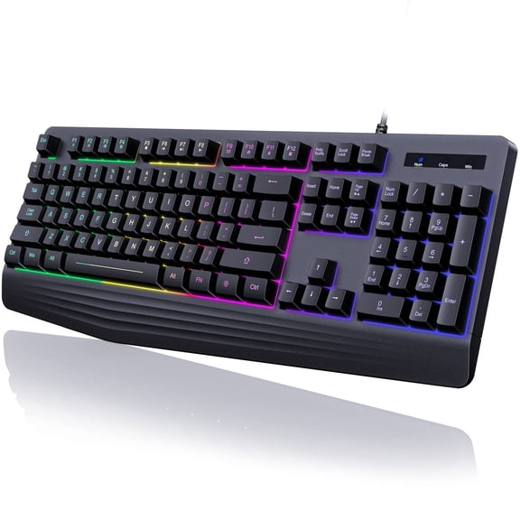 Gaming Keyboard, 7-Color Rainbow LED Backlit, 104 Keys Quiet Light Up Keyboard, Wrist Rest, Whisper Silent, Anti-ghosting Multimedia Keys, Waterproof USB Wired Keyboard for PC Mac Xbox