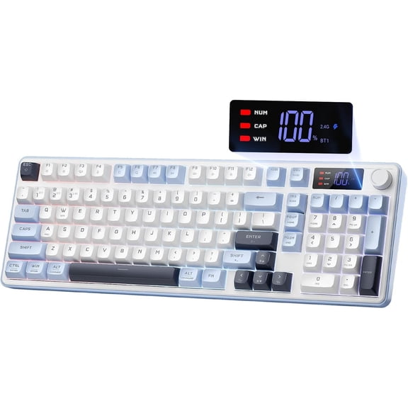 Gaming Keyboard, 98-Key Tri-Mode (BT/2.4G/Wired) RGB Keyboard with Knob & Display, Fade-Resistant PBT Keycaps & 4000mAh , Compatible with Windows/ - White Blue