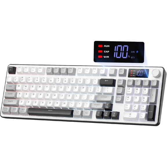 Gaming Keyboard, 98-Key Tri-Mode (BT/2.4G/Wired) RGB Keyboard with Knob & Display, Fade-Resistant PBT Keycaps & 4000mAh , Compatible with Windows/ - White Gray