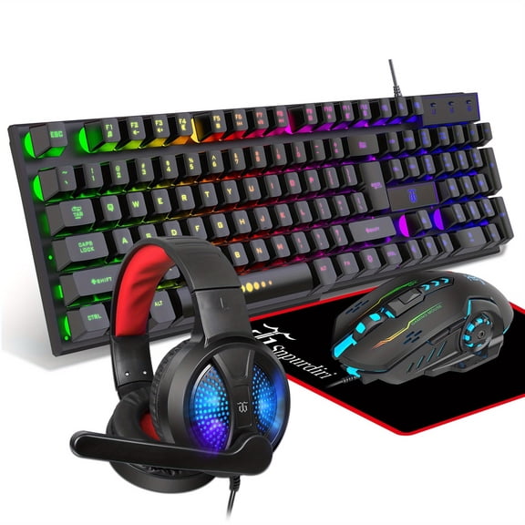 Gaming Keyboard And Mouse, Headset, Mouse Pad, All-in-one Combo For PC Gamers And Xbox And PS4 Users For Wired Use Only