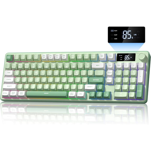 Gaming Keyboard Creamy Keyboard with Media Knob & Screen Cute Keyboard Mechanical Feeling Membrane Keyboard with Number Pad RGB Backlit Tri-Mode BT/2.4GHz/USB-C - Green