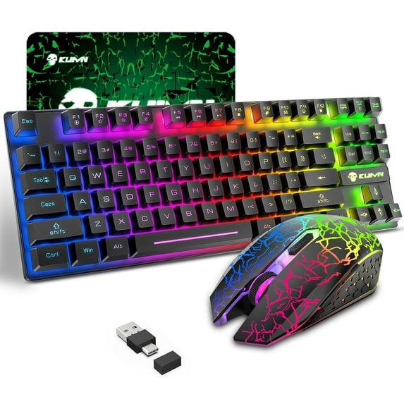 Gaming Keyboard and Mouse Combo with 87 Key Rainbow LED Backlight Rechargeable 3800mAh Battery Mechanical Feel Anti-ghosting Ergonomic Waterproof RGB Mute Mice for Computer PC Gamer (Black)