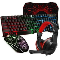 Gaming Keyboard and Mouse Combo with Headset, RGB Rainbow Backlit 104 Keys USB Wired Keyboard Mechanical Feeling, Gaming Headset with Microphone, Large Mouse Pad, for Computer Gamer Office