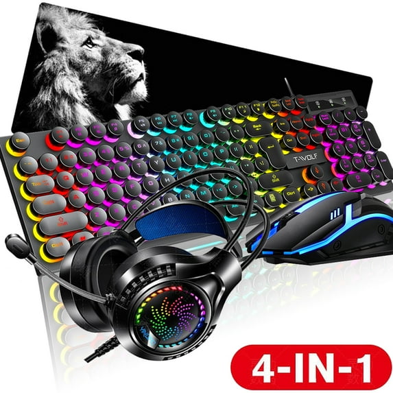 Gaming Keyboard and Mouse and Gaming Headset & Mouse Pad, Wired LED RGB Backlight Bundle for PC Windows 7/8/10/11 Xbox one PS4 PS5 - 4 in 1 Black Edition