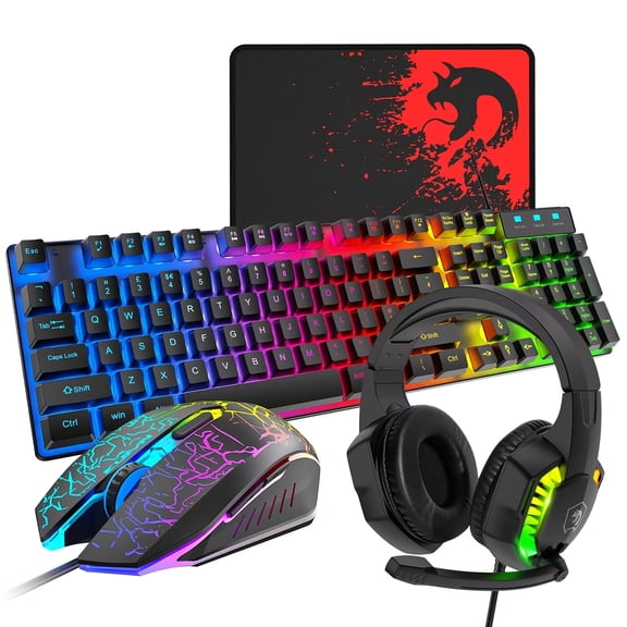 Gaming Keyboard Mouse and Headset Combo, Rainbow LED Backlit Wired Keyboard, Gaming Mouse, Over-Ear Headphones with Mic, Mouse Pad, for PC, Laptop, Mac, PS4, Xbox (Black)