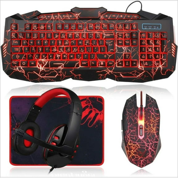 Gaming Keyboard Mouse Headset Combo, USB Wired Crack Backlit,114 Keys Letters Glow LED Keyboard, Red LED Light Headset