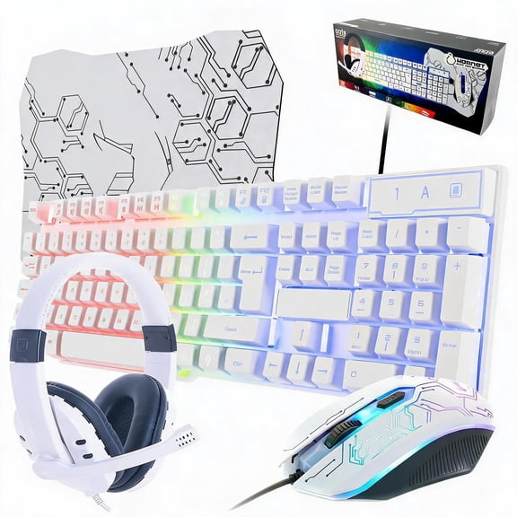Gaming Keyboard Mouse Headset and Mouse Pad Bundle with RGB Backlight White