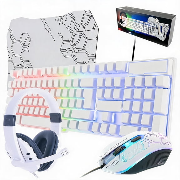Gaming Keyboard Mouse Headset and Mouse Pad Bundle with RGB Backlight White