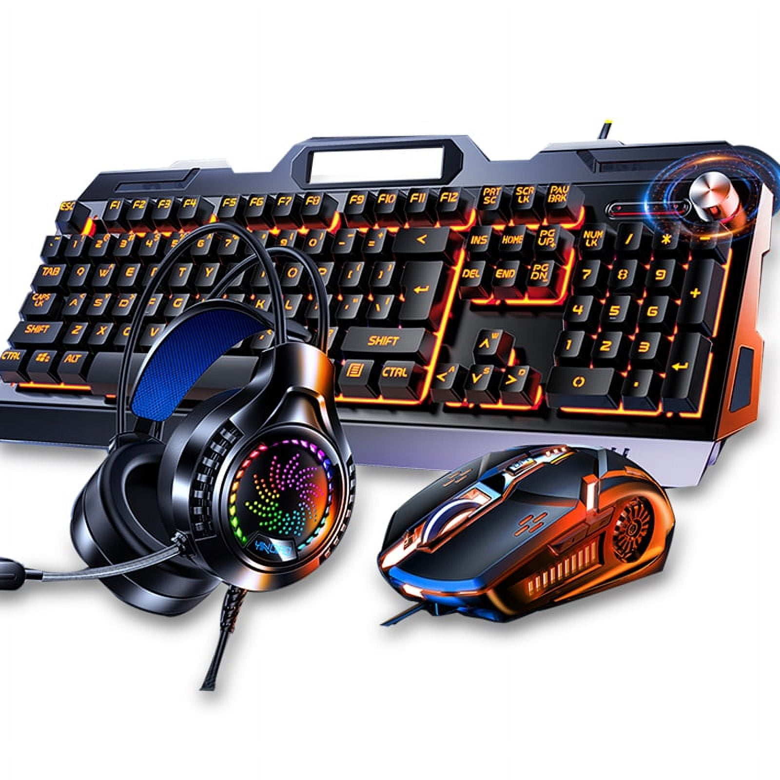 Wired Gaming Keyboard and Mouse Headset Combo,Rainbow LED Backlit Wired  Keyboard,Over Ear Headphone with Mic,Rainbow Backlit Gaming Mice,Mouse Pad,for  PC,Laptop,Mac,PS4,Xbox(Black) 