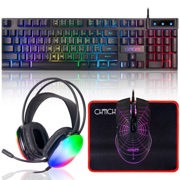 CHONCHOW gaming keyboard and mouse headset set: USB wired four-piece set (including microphone), RGB colorful glare backlight, mouse with side buttons, compatible with PC/Windows/PS5/PS4