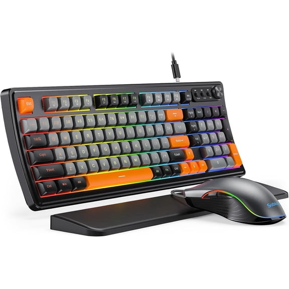 Gaming Keyboard and Mouse, Quiet Membrane Keyboard with RGB Backlit Mechanical Feel, PC Gaming Keyboards Multimedia Knob, Anti-Ghosting, Ergonomic Wrist Rest & 3200 DPI Mouse for Gamer/Office