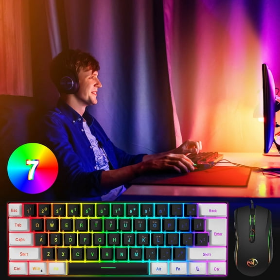 Gaming Keyboard And Mouse Set, Rvkxad 61-Key Wired Rainbow Backlit Keyboard And 3200DPI Optical Mouse, Multi-Color Changing LED Ergonomic USB Combo For PC Desktop Gamer